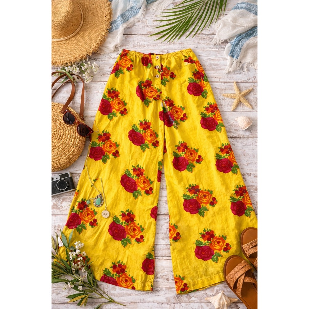 J Peterman Company Yellow Floral Rose‎ Wide Leg Cotton Pants XS Made in India